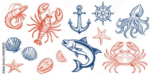 Seafood animals set with lobster, salmon, crab and squid in sketch outline style on white background, vector illustration