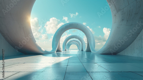 A large, white, curved tunnel with a blue sky above it