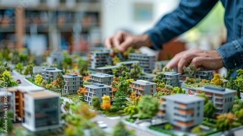 An architect fine-tunes a detailed model of a modern, sustainable urban housing development, emphasizing eco-friendly planning.