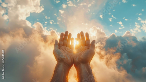 As the hands of God or Jesus Christ emerge amidst the clouds, a divine presence reaching out in grace and compassion