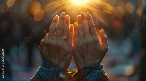 As a testament to the power of faith and the presence of God or Jesus Christ in every moment, human hands are raised to heaven with fingers outstretched in prayer.