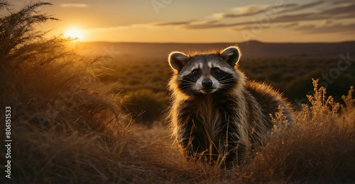 Raccoon in desert at sunset.