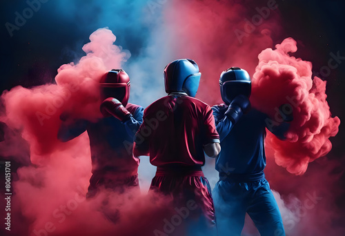 Intense Boxing Match with Red and Blue Smoke Effects: Dramatic Sports Photography