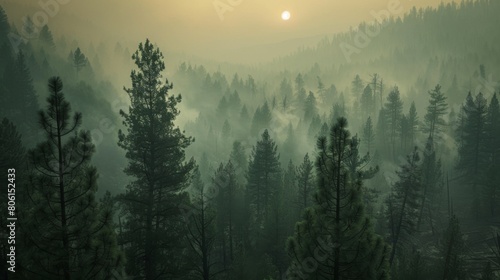 A smoky haze settling over a forest during a wildfire, obscuring visibility and posing respiratory risks to both humans and wildlife