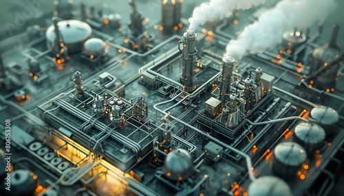 photorealistic digital rendering capturing the intricate details of an aerial view of a nuclear reactor, emphasizing the rows of metallic pipes and steam billowing out, set against a stark ind