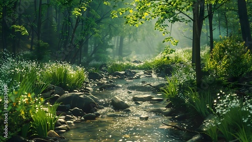  A bubbling brook winding through a dense forest. . 