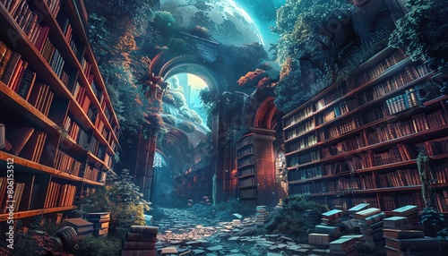 digital rendering of a mystical library surrounded by ancient tomes, each representing a different endangered language, using intricate vector art techniques