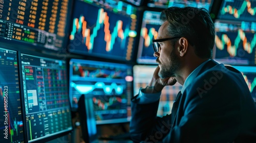 A stock trader surrounded by multiple computer screens, monitoring stock prices and executing trades in a fast-paced environment.