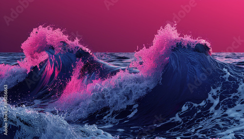 A dramatic and bold clash of bright magenta and navy blue waves, their powerful interaction creating a striking visual impact that captivates the viewer.
