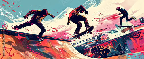 Dynamic vector illustration of a skateboard park, showcasing ska