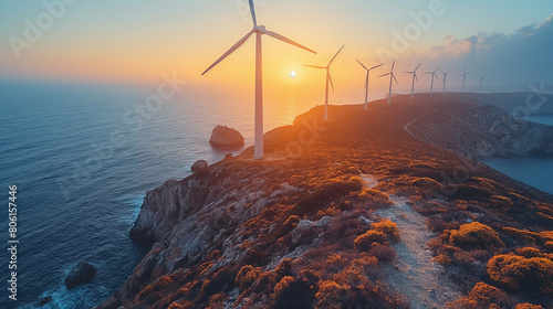 Renewable Energy Generation at Coastal Wind Farm at Sunset