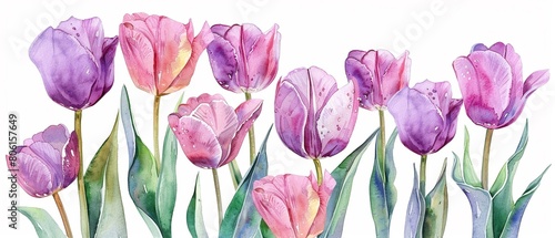 Cluster of tulips in watercolor each with fractal edges and a dewy look