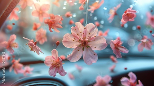Fresh pink flowers fly around in an aroma air freshener in car. Generative AI.
