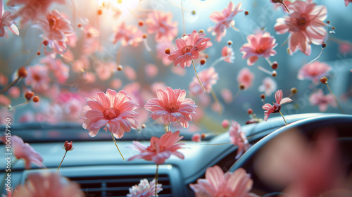 Fresh pink flowers fly around in an aroma air freshener in car. Generative AI.
