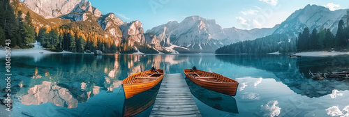 Beautiful view of Lake with red rowing boats and mountains in the background. nature background