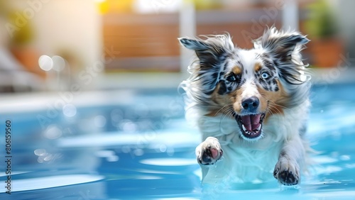 Australian shepherd dog happily jumping into pool on sunny day. Concept Pets, Summer, Pool Fun, Dog Breeds, Outdoor Activities
