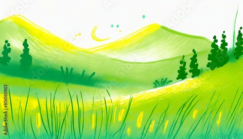 真夏、草の香り、心地よい暑さ、森林をシンプルに絵具で表現する generated by AI