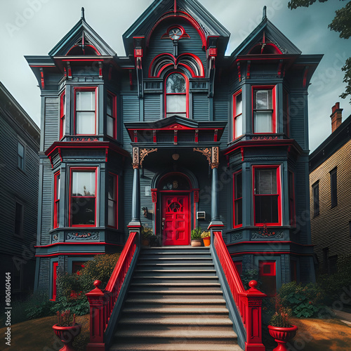 a picture of a red entrance, crimson shutters, and dark blue siding on a Victorian-style home. It is best to snap the picture from a low vantage point, looking up at the house's front steps.
