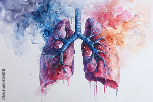 human lung watercolor painting, pastel, clean white studio background