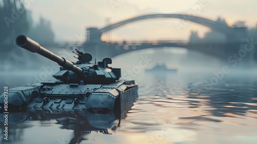 Modern tank wades across the river. Mighty tank conquers the river.