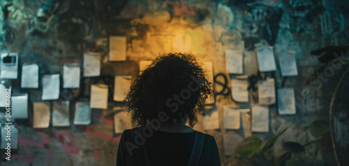 Back of woman contemplating a wall covered in notes and graffiti symbolizing thought