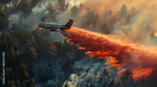 An aerial firefighting tanker dropping retardant on a forest fire, deploying strategic aerial suppression tactics to contain the blaze.