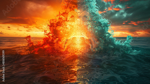 A striking visual of bright orange and deep teal waves colliding, their splash creating a stunning effect like a sunset reflecting on ocean waters.