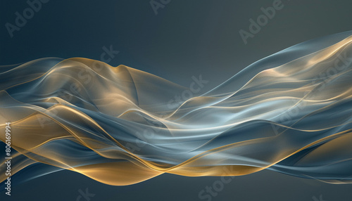 A tranquil and elegant interaction of soft gold and deep blue waves, merging in a graceful and peaceful manner that brings to mind the calmness of a late summer night.