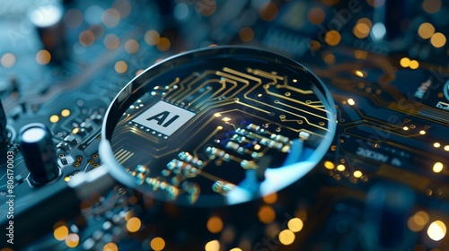 magnifying glass over dedicated AI microchip on electric circuit board, artificial intelligence and GPU cloud computing concept, technology and research