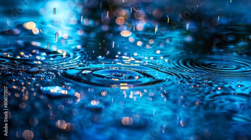 Raindrops falling on the ground, creating ripples and circles in blue tones. The background is blurred with light effects, creating an atmosphere of calmness and tranquility.