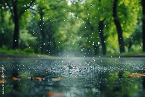 Rain falling on the asphalt with blurred background of trees in the park. water droplets splashing