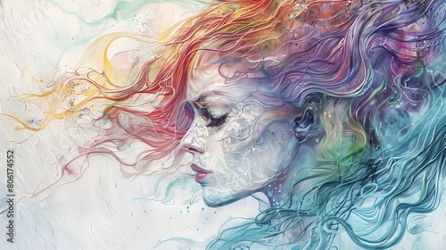 A painting of a woman with colorful hair.
