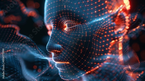 An AI being made of glowing particles. It has a human-like face and looks like it's in deep thought.