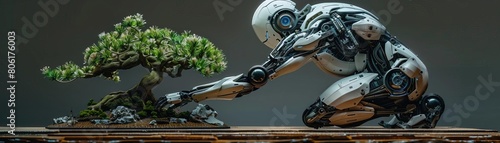 A lone robot carefully tends to a bonsai tree, its delicate touch belying its mechanical nature