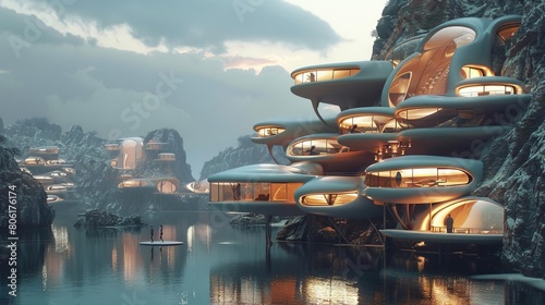 Design a futuristic lakeside villa with glass walls and curved architecture. The villa should be surrounded by a lake and have aPing Zhou Ting Kao Dian .