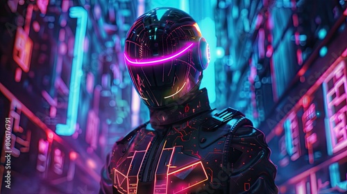 A futuristic warrior with a glowing neon visor stands against a cyberpunk cityscape background.