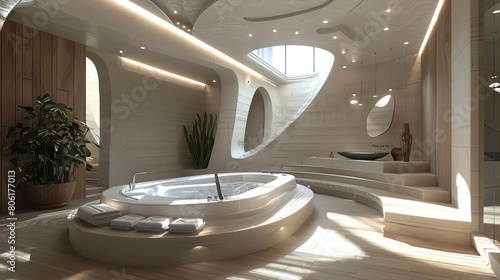 Design a modern bathroom with a large jacuzzi tub, natural lighting, plants, and a sculptural feel.