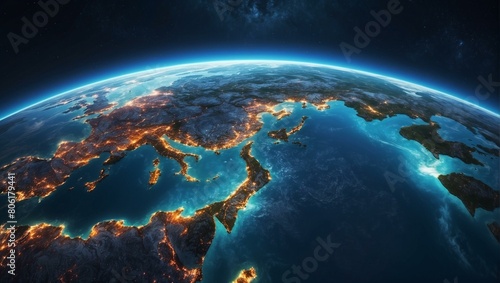 A spectacular image of planet Earth from space, showcasing the glowing lights of civilization amidst the continents against the dark expanse of space
