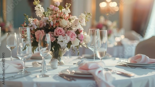 Round table at a luxury wedding reception. Beautiful flowers on the table, Serving dishes, glass glasses, waiters work,