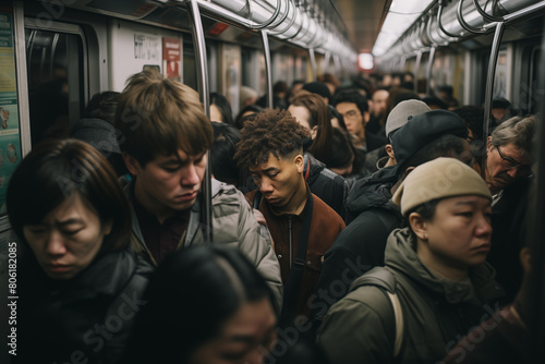 Crowded subway train with passengers standing shoulder to shoulder during peak hours. Generative AI