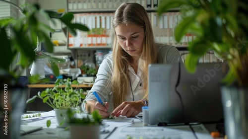 Breeding Analysis: The scientist studying plant breeding techniques, with various plant samples and breeding records visible in the background, showcasing her expertise in agricultural research. 