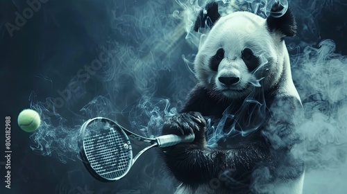 Panda Playing Tennis in Mystical Smoke