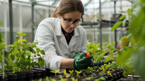 Genetic Research: The scientist conducting genetic analysis of plant samples in laboratory setting within the greenhouse, highlighting her role in advancing plant breeding technologies. Generative AI