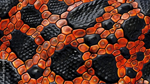 This is a close-up of a textured surface resembling reptile skin with orange and black scales