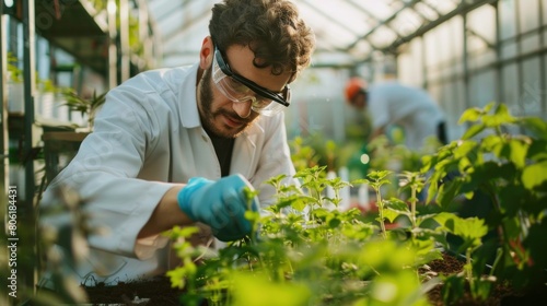 Innovation in Agriculture: The scientist working with advanced agricultural equipment or technologies in greenhouse, showcasing innovative approaches to plant breeding and cultivation. Generative AI
