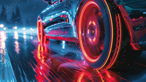 A futuristic car drives through a rainy city at night. The car is lit up with neon lights and the wheels are spinning fast.