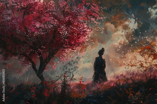 A woman stands in a field of flowers and trees
