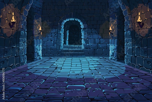 Enigmatic 8-bit Castle Dungeon Corridor with Torches, Concept of Adventure and Exploration in a Pixelated Game World