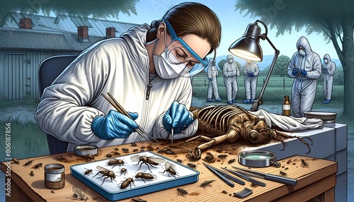 A forensic entomologist examines insects at a crime scene to help determine the time of death.