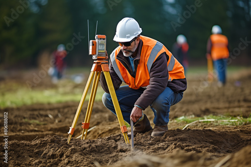 Industrial construction worker surveyor meticulously measuring and analyzing terrain. Generative AI
